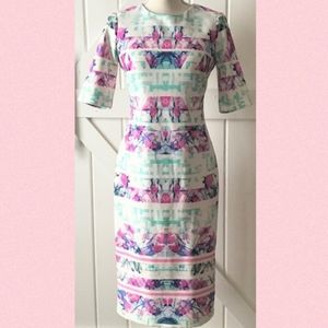 Vince Camuto Abstract Mint & Pink Midi Sheath Dress Women's size 8